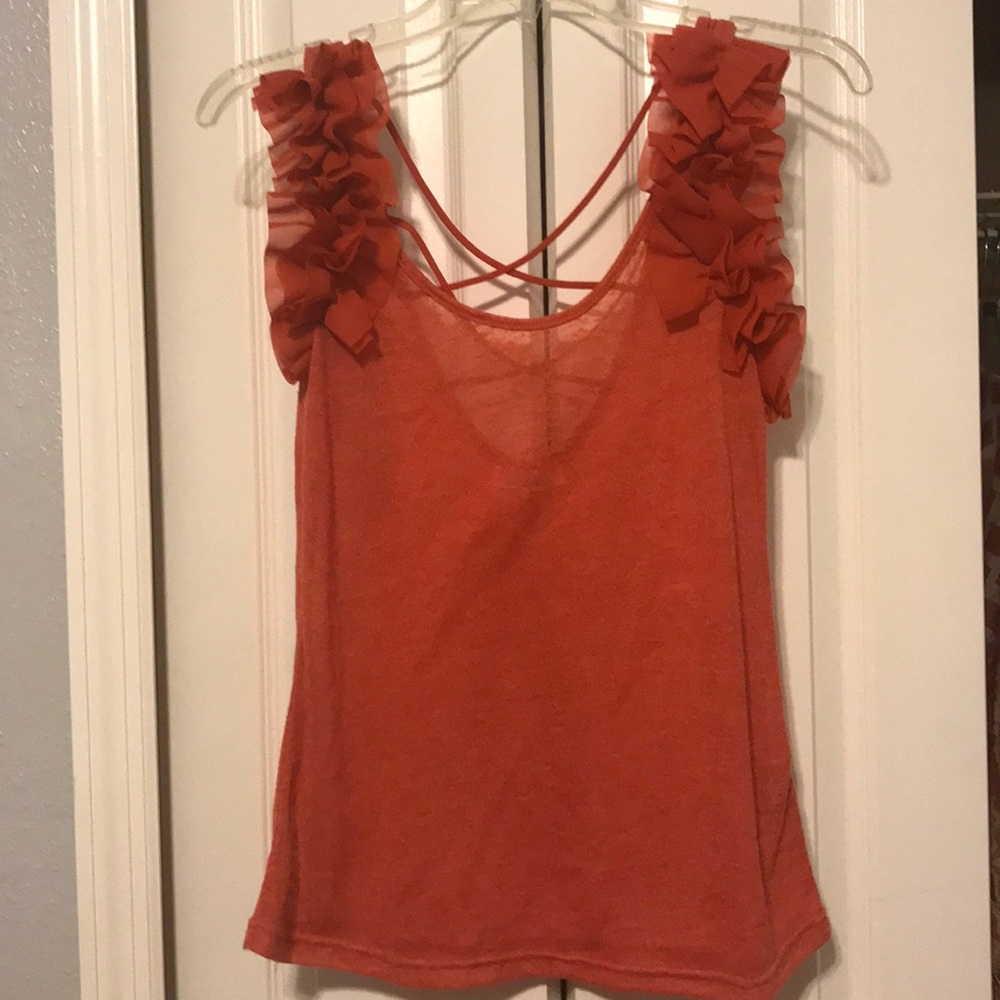 EUC Ruffle Sleeve Orange Criss Cross Tank Size M.